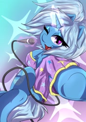 Size: 1280x1814 | Tagged: safe, artist:iceflare0714, trixie, pony, unicorn, g4, alternate hairstyle, babysitter trixie, bipedal, clothes, female, glowing horn, hoodie, horn, magic, mare, microphone, one eye closed, open mouth, solo, stars, telekinesis, wink