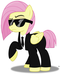 Size: 2400x2935 | Tagged: safe, artist:anime-equestria, fluttershy, pegasus, pony, g4, alternate hairstyle, badass, clothes, female, flutterbadass, high res, mare, necktie, pulp fiction, raised eyebrow, shirt, simple background, solo, suit, sunglasses, transparent background, vector, wings