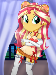 Size: 1800x2400 | Tagged: safe, artist:artmlpk, sunset shimmer, bear, equestria girls, g4, adorable face, adorasexy, adorkable, balcony, blushing, choker, clothes, costume, curtains, cute, design, digital art, dork, female, gloves, headband, holding, long gloves, looking at you, outfit, plushie, ribbon, sexy, shimmerbetes, smiling, smiling at you, socks