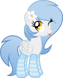 Size: 1280x1568 | Tagged: safe, artist:fuzzybrushy, oc, oc only, oc:vector cloud, pegasus, pony, clothes, female, flower, flower in hair, mare, one eye closed, show accurate, simple background, socks, solo, striped socks, tongue out, transparent background, vector, wink