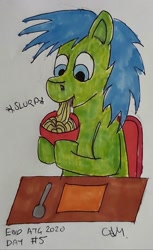Size: 775x1268 | Tagged: safe, artist:rapidsnap, oc, oc only, oc:rapidsnap, pony, atg 2020, eating, food, newbie artist training grounds, noodles, slurp, solo, traditional art