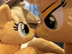 Size: 4032x3024 | Tagged: safe, applejack, earth pony, pony, g4, boop, duality, female, irl, noseboop, photo, plushie, self ponidox, size difference