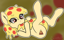Size: 1392x870 | Tagged: safe, artist:llametsul, oc, oc only, oc:mozzarella orgy, food pony, original species, pizza pony, pony, atg 2020, autocannibalism, biting, cannibalism, cute, cutie mark, female, food, legs in air, mare, newbie artist training grounds, nom, ocbetes, on back, pizza, ponies eating ponies, ponified, solo, tail bite, tail hold, white outline