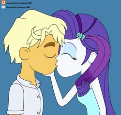 Size: 3825x3649 | Tagged: safe, artist:eagc7, ragamuffin (g4), rarity, human, equestria girls, g4, blue background, clothes, commission, duo, eyes closed, female, high res, kiss on the lips, kissing, ko-fi, male, patreon, rarimuffin, shipping, simple background, sleeveless, straight