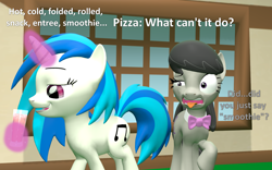 Size: 1734x1080 | Tagged: safe, artist:red4567, dj pon-3, octavia melody, vinyl scratch, pony, comic:zits, g4, 3d, atg 2020, cheese pizza, food, grossed out, newbie artist training grounds, pizza, reference, smoothie, source filmmaker