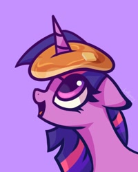 Size: 800x1000 | Tagged: safe, artist:lollipony, twilight sparkle, pony, g4, atg 2020, bust, cute, female, floppy ears, food, horn, horn impalement, i'm pancake, looking up, mare, newbie artist training grounds, open mouth, open smile, pancakes, profile, purple background, signature, simple background, smiling, solo, twiabetes
