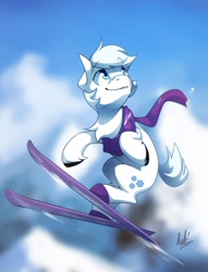 Size: 1092x1427 | Tagged: safe, artist:anticular, double diamond, earth pony, pony, g4, chest fluff, clothes, looking back, male, scarf, skiing, skis, smiling, snow, solo, stallion, unshorn fetlocks, winter