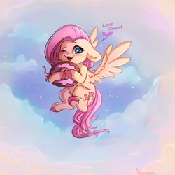 Size: 4000x4000 | Tagged: safe, artist:miokomata, fluttershy, pegasus, pony, absurd resolution, belly fluff, blushing, cloud, colored hooves, cute, dialogue, donut, ear fluff, female, floppy ears, flying, food, freckles, freckleshy, heart, holding, hoof hold, leg fluff, looking at you, mare, one eye closed, shyabetes, sky, solo, spread wings, underhoof, wings