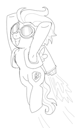 Size: 461x733 | Tagged: safe, artist:anonymous, scootaloo, pegasus, pony, g4, armpits, black and white, cute, cutealoo, female, filly, grayscale, jetpack, monochrome, simple background, solo, white background