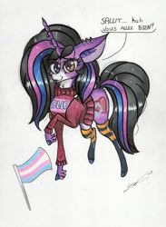 Size: 1280x1752 | Tagged: safe, artist:luxiwind, oc, oc:mélodie pure, pony, unicorn, clothes, cute, female, french text, heterochromia, horn, horn piercing, piercing, pride, pride flag, socks, sweater, transgender pride flag