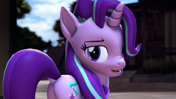 Size: 3840x2160 | Tagged: safe, artist:psfmer, starlight glimmer, pony, unicorn, g4, 3d, 4k, butt, dock, female, glimmer glutes, high res, looking at you, looking back, looking back at you, open mouth, plot, ponyville, revamped ponies, solo, source filmmaker
