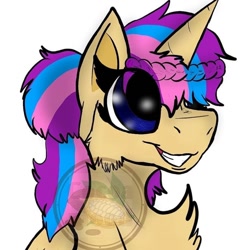 Size: 768x768 | Tagged: safe, artist:cocoa_moood__, oc, oc only, pony, unicorn, bust, chest fluff, grin, horn, smiling, solo, unicorn oc, watermark