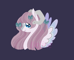 Size: 713x582 | Tagged: safe, artist:lloline, oc, oc only, pegasus, pony, snake, bow, bust, hair bow, ms paint, pegasus oc, purple background, simple background, smiling, wings
