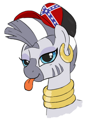 Size: 508x682 | Tagged: safe, artist:anonymous, zecora, pony, zebra, g4, baseball cap, blursed image, cap, comments locked down, confederate flag, cursed image, description more entertaining, ear piercing, earring, female, flag, funny, funny as hell, hat, implied applejack, irony, jewelry, lidded eyes, looking at you, mare, neck rings, op is a duck, op is on drugs, op is trying to start shit, piercing, raspberry, simple background, smiling, solo, tongue out, unfortunate implications, wait that's illegal, wat, white background