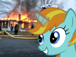 Size: 500x375 | Tagged: safe, edit, firecracker burst, pony, unicorn, disaster girl, female, fire, grin, happy, irl, mare, meme, photo, ponies in real life, smiling, solo, some mares just want to watch the world burn