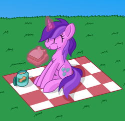 Size: 1074x1043 | Tagged: safe, artist:notadeliciouspotato, amethyst star, sparkler, pony, unicorn, g4, atg 2020, aweeg*, chest fluff, cute, eating, eyes closed, female, food, grass, jar, magic, mare, newbie artist training grounds, peanut butter, picnic blanket, sandwich, sitting, sky, smiling, solo, telekinesis, that pony sure does love peanut butter