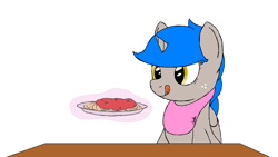 Size: 1920x1080 | Tagged: safe, artist:spritepony, oc, oc only, oc:sprite, alicorn, pony, alicorn oc, bib, eyes on the prize, food, horn, licking, licking lips, magic, newbie artist training grounds, offscreen character, pasta, simple background, sitting, solo, spaghetti, telekinesis, tongue out, wings