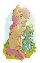 Size: 651x1020 | Tagged: safe, artist:kiwi4578, fluttershy, zephyr breeze, pegasus, pony, g4, blank flank, brother and sister, chest fluff, colt, colt zephyr breeze, duo, ear fluff, female, filly, filly fluttershy, flower, flower in hair, folded wings, hair over one eye, male, mare, outline, partial background, siblings, simple background, sitting, transparent background, white outline, wings, younger