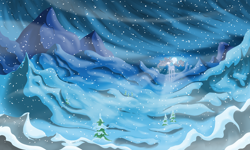 Size: 2500x1500 | Tagged: safe, artist:skunk bunk, oc, oc only, oc:ithaqua, pony, g4, siege of the crystal empire, detailed background, glowing eyes, moon, mountain, night, scenery, snow, snowfall, tree, valley, wind