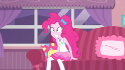 Size: 1920x1080 | Tagged: safe, screencap, pinkie pie, equestria girls, equestria girls series, g4, pinkie sitting, clothes, couch, crazy smile, cute, diapinkes, excited, female, geode of sugar bombs, grin, magical geodes, skirt, sleeveless, smiling, solo, teenager