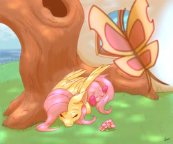 Size: 2048x1707 | Tagged: safe, artist:tigerett, fluttershy, butterfly, pegasus, pony, puffball, g4, crossover, cute, dappled sunlight, duo, eyes closed, female, flower, house, kirby, kirby (series), mare, nap, outdoors, prone, sleeping, tree, under the tree, wings