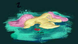 Size: 1148x646 | Tagged: safe, artist:phutashi, fluttershy, pegasus, pony, g4, atg 2020, drunk bubbles, faceplant, female, juice, juice box, mare, newbie artist training grounds, onomatopoeia, passed out, prone, solo, sound effects, spread wings, wings, zzz