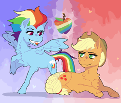 Size: 992x840 | Tagged: safe, anonymous artist, applejack, rainbow dash, earth pony, pegasus, pony, g4, abstract background, apple, backwards cutie mark, braided tail, chest fluff, female, food, heart, lesbian, looking at each other, neck fluff, older, older applejack, older rainbow dash, ship:appledash, shipping, zap apple