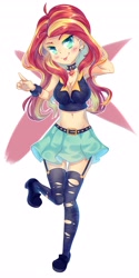 Size: 2044x4096 | Tagged: safe, artist:patchnpaw, sunset shimmer, equestria girls, belly button, breasts, choker, cleavage, clothes, cute, looking at you, midriff, piercing, ripped stockings, shimmerbetes, signature, simple background, skirt, tongue out, white background