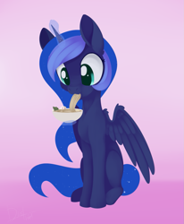 Size: 1107x1341 | Tagged: safe, artist:dusthiel, princess luna, alicorn, pony, g4, atg 2020, eating, female, food, glowing horn, gradient background, horn, looking at something, magic, mare, newbie artist training grounds, noodles, ramen, sitting, solo, spread wings, three quarter view, wings