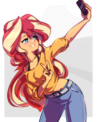 Size: 1600x2000 | Tagged: safe, artist:rockset, sunset shimmer, equestria girls, g4, abstract background, clothes, cute, female, peace sign, pixiv, selfie, shimmerbetes, smiling, solo