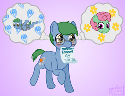 Size: 1000x772 | Tagged: safe, artist:phallen1, oc, oc only, oc:software patch, oc:windcatcher, pony, atg 2020, blushing, daydream, gradient background, newbie artist training grounds, pamphlet, simple background, skydiving, walking, windpatch, written equestrian