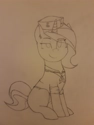 Size: 4032x3024 | Tagged: safe, artist:redcap, oc, oc only, oc:ardent florette, pony, unicorn, clothes, female, hat, mare, missing cutie mark, navy, neckerchief, rolled up sleeves, sitting, smug, solo, traditional art, uniform