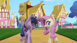 Size: 800x450 | Tagged: safe, screencap, fluttershy, twilight sparkle, alicorn, pegasus, pony, g4.5, my little pony: stop motion short, the great race (short), animated, close-up, female, flag, gif, house, looking back, ponyville, road, screaming, speed lines, stop motion, twilight sparkle (alicorn), wings