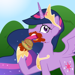 Size: 2000x2000 | Tagged: safe, artist:binkyt11, derpibooru exclusive, twilight sparkle, alicorn, pony, g4, the last problem, atg 2020, burger, ethereal mane, female, food, hay burger, high res, mare, messy eating, newbie artist training grounds, older, older twilight, older twilight sparkle (alicorn), princess twilight 2.0, solo, twilight burgkle, twilight sparkle (alicorn)