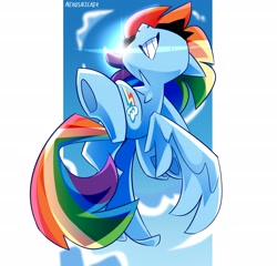 Size: 3022x2900 | Tagged: safe, artist:nekosnicker, rainbow dash, pegasus, pony, g4, chest fluff, cloud, female, flying, grin, high res, low angle, mare, sky, smiling, solo, spread wings, sun, sunlight, wings