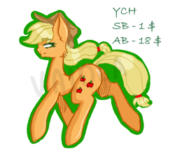 Size: 5799x5461 | Tagged: safe, artist:vaiola, applejack, earth pony, pony, g4, advertisement, apple, auction, butt, colored, commission, cute, doodle, female, food, freckles, green eyes, hat, long hair, orange, plot, running, sexy, simple background, sketch, smiling, solo, white background, ych example, ych sketch, your character here