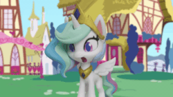 Size: 800x450 | Tagged: safe, screencap, princess celestia, alicorn, pony, g4.5, my little pony: stop motion short, the great race (short), animated, bipedal, crown, cute, cutelestia, female, gasping, gif, hooves together, hooves up, jewelry, mare, ponyville, regalia, shocked, solo, stop motion, travesty, wings