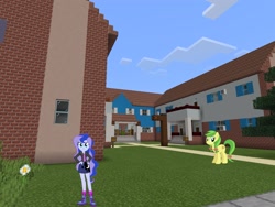 Size: 2048x1536 | Tagged: safe, artist:eugenebrony, artist:punzil504, artist:topsangtheman, apple fritter, princess luna, earth pony, pony, equestria girls, g4, apple family member, daisy (flower), house, looking at you, minecraft, photoshopped into minecraft, tree