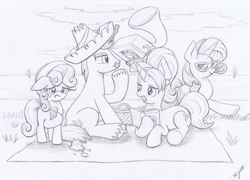 Size: 3340x2410 | Tagged: safe, artist:xeviousgreenii, cookie crumbles, hondo flanks, rarity, sweetie belle, pony, unicorn, g4, crying, family, food, high res, holiday, ice cream, monochrome, newbie artist training grounds, ocean, open mouth, radio, sad, sunglasses, vacation