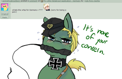 Size: 867x566 | Tagged: safe, artist:ask-pony-gerita, earth pony, pony, ask, blushing, germany, hat, hetalia, iron cross, jewelry, male, necklace, ponified, stallion, whip