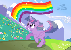 Size: 1400x972 | Tagged: safe, artist:oyks, twilight sparkle, alicorn, pony, g4, commission, female, flower, lgbt, mouth hold, pride flag, pride month, solo, twilight sparkle (alicorn), vector, your character here