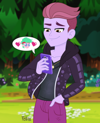 Size: 2952x3609 | Tagged: safe, artist:felux, duke suave, lemon zack, human, equestria girls, equestria girls series, g4, abs, alternate clothes, clothes, cute, emoji, emoticon, everfree forest, gay, happy, heart, high res, hoodie, lemonduke, male, pants, phone, pictogram, shipping, show accurate, smiling, smirk, texting