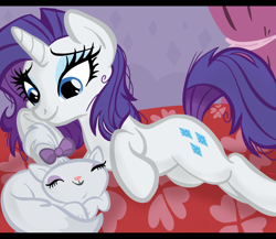 Size: 1536x1336 | Tagged: safe, artist:sjart117, opalescence, rarity, cat, pony, unicorn, g4, bed, bedroom, chillaxing, curtains, female, mare, messy mane, pet, prone, smiling, underhoof