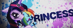 Size: 1050x413 | Tagged: safe, artist:astril, rainbow dash, twilight sparkle, pony, unicorn, g4, abstract background, bust, choker, duo, ear piercing, earring, eyelashes, eyeliner, eyes closed, horn, horn ring, jewelry, makeup, open mouth, piercing, punk, smiling, smirk, spiked choker, unicorn twilight