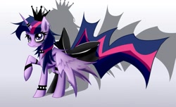 Size: 925x563 | Tagged: safe, artist:astril, twilight sparkle, alicorn, pony, g4, bow, choker, crown, ear piercing, earring, eyelashes, eyeliner, female, goth, gradient background, jewelry, makeup, piercing, raised hoof, regalia, solo, spiked choker, spiked wristband, tail bow, twilight sparkle (alicorn), wristband