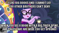 Size: 640x360 | Tagged: safe, edit, edited screencap, screencap, sci-twi, twilight sparkle, equestria girls, equestria girls specials, g4, my little pony equestria girls: better together, my little pony equestria girls: spring breakdown, all good (song), baby got back, book, caption, female, glasses, image macro, microphone, nerd, parody, pointing, singing, sir mix-a-lot, sleeveless, solo, song reference, text, that pony sure does love books