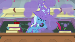 Size: 1920x1080 | Tagged: safe, screencap, trixie, pony, unicorn, a horse shoe-in, g4, cape, clothes, coughing, eyes closed, female, hat, mare, smoke, solo, trixie's cape, trixie's hat