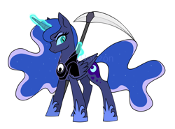 Size: 2908x2148 | Tagged: safe, artist:horizon, princess luna, alicorn, pony, fall of the crystal empire, g4, armor, female, folded wings, glowing horn, high res, horn, looking at you, mare, nightmare luna, scythe, simple background, solo, standing, white background, wings
