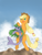 Size: 2400x3200 | Tagged: safe, artist:tomat-in-cup, applejack, oc, earth pony, original species, pony, shark, shark pony, g4, bipedal, duo, female, hat, high res, holding a pony, mare, open mouth, petting, smiling