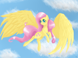 Size: 1600x1200 | Tagged: safe, artist:tomat-in-cup, fluttershy, pegasus, pony, g4, blushing, cloud, female, flying, large wings, looking at you, mare, sky, smiling, solo, spread wings, wings